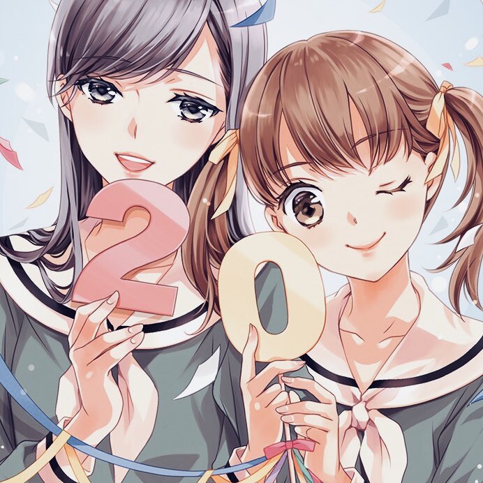 2girls anniversary black_hair bow brown_eyes brown_hair confetti fukuzawa_yumi grey_eyes hair_ribbon heart hibiki_reine holding lips long_hair long_sleeves looking_at_viewer maria-sama_ga_miteru medium_hair multiple_girls ogasawara_sachiko one_eye_closed open_mouth pink_bow ribbon sailor_collar school_uniform teeth twintails upper_body white_sailor_collar yellow_ribbon