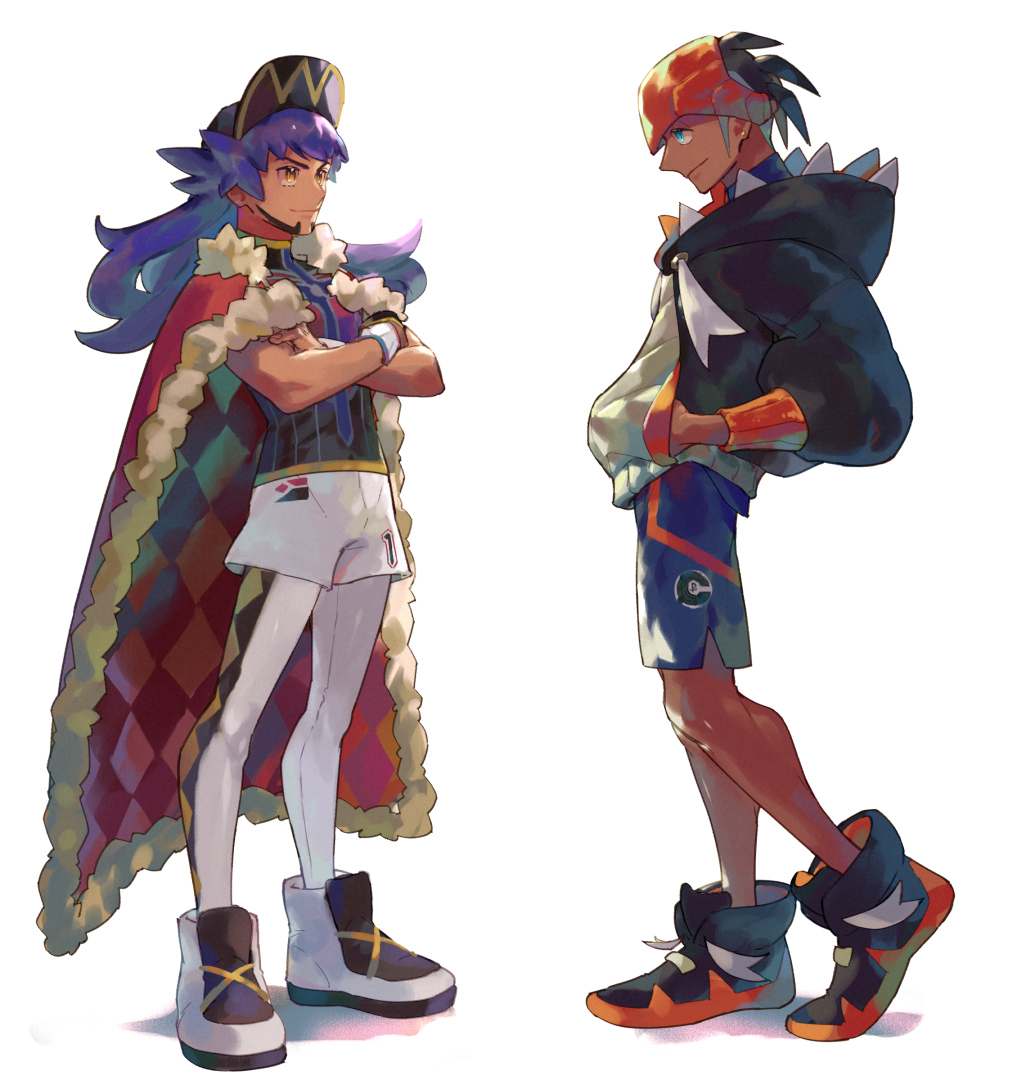 2boys argyle bangs baseball_cap black_footwear black_hair black_hoodie cape champion_uniform closed_mouth commentary_request crossed_arms dark-skinned_male dark_skin dynamax_band earrings facial_hair fur-trimmed_cape fur_trim gloves gym_leader hand_in_pocket hat hood hoodie jewelry leggings leon_(pokemon) long_hair male_focus multiple_boys pokemon pokemon_(game) pokemon_swsh purple_hair raihan_(pokemon) red_cape shield_print shirt shoes short_hair short_shorts short_sleeves shorts side_slit side_slit_shorts single_glove smile standing suruga_dbh sword_print undercut white_background white_legwear white_shorts yellow_eyes