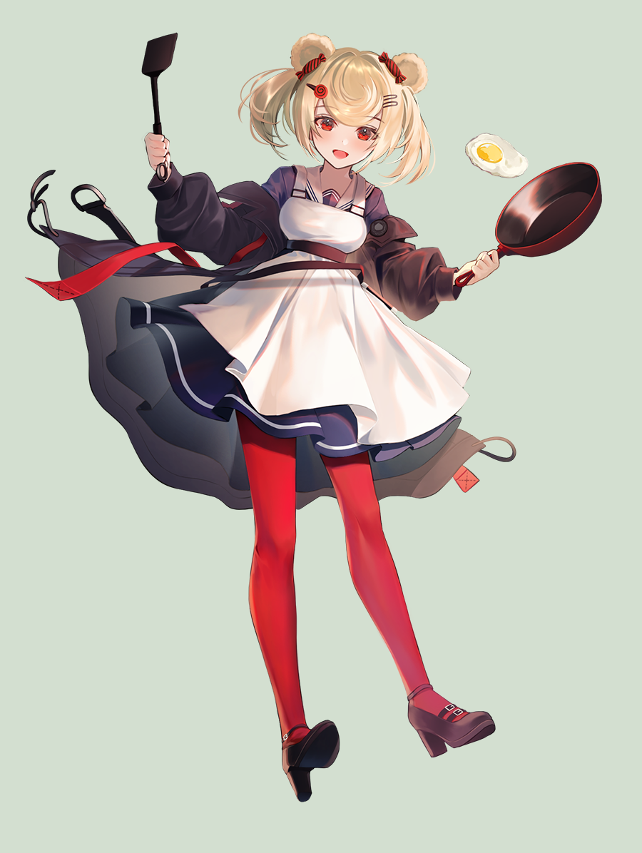 1girl animal_ears apron arknights bear_ears blonde_hair candy_hair_ornament coat food-themed_hair_ornament frying_pan gummy_(arknights) hair_ornament hairclip no.aei pantyhose red_eyes red_legwear skirt spatula sunny_side_up_egg twintails