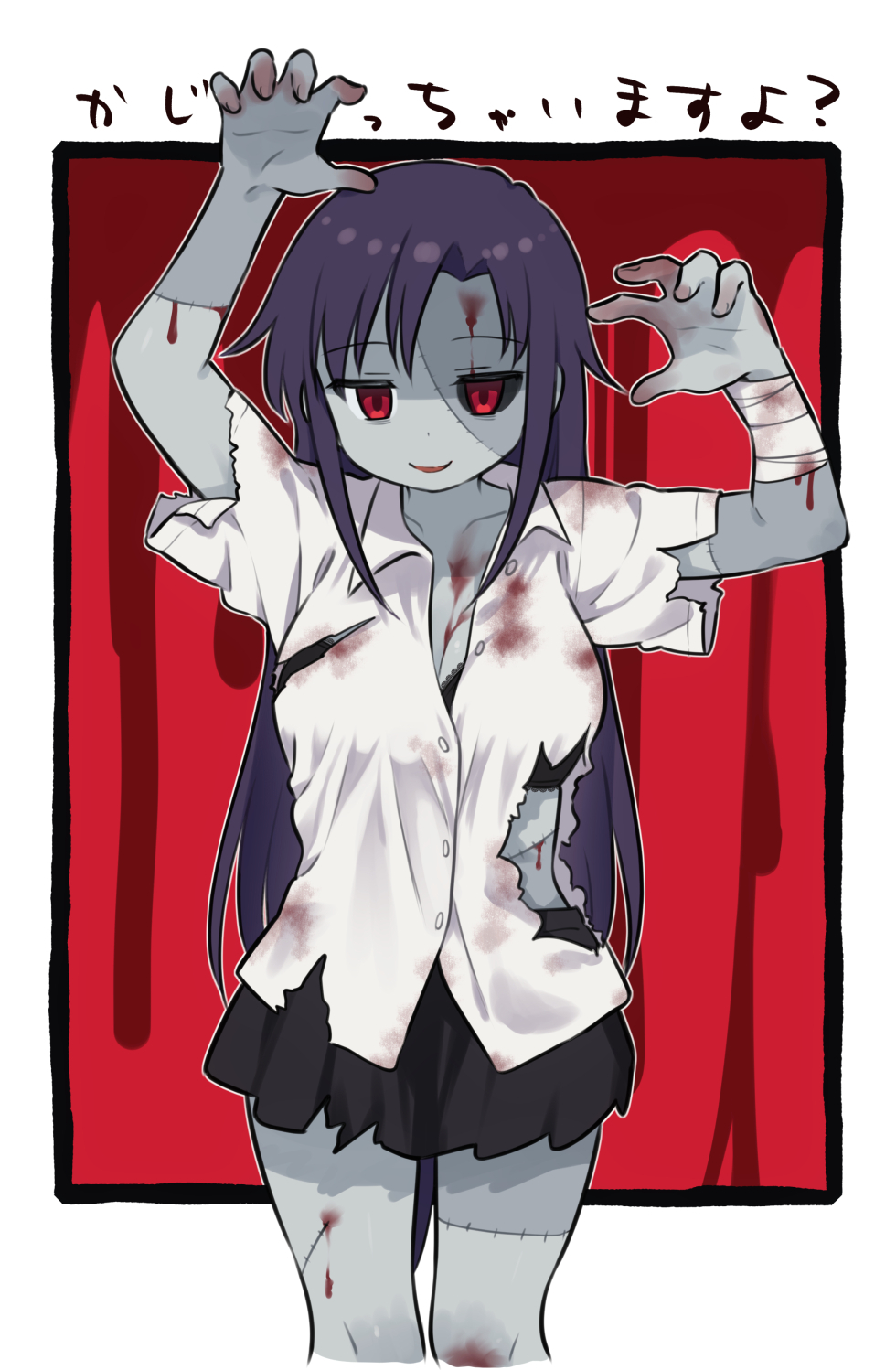 1girl arms_up bandaged_arm bandages black_bra black_hair black_skirt blood bloody_clothes bra bra_peek breasts colored_skin commentary_request cowboy_shot eyebrows_visible_through_hair goshiki_agiri grey_skin highres kill_me_baby long_hair looking_at_viewer medium_breasts meis_(terameisu) mismatched_sclera outline patchwork_skin red_eyes shirt short_sleeves skirt smile solo stitches torn_clothes torn_shirt torn_skirt translation_request underwear very_long_hair white_outline white_shirt zombie