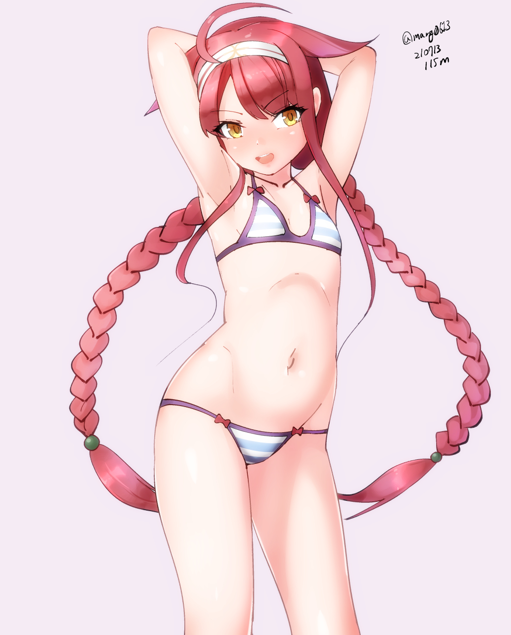 1girl ahoge arms_behind_head asymmetrical_bangs bangs bikini braid breasts contrapposto dated grey_background hair_flaps hair_ribbon hairband highres kantai_collection kawakaze_(kancolle) long_hair low_twintails maru_(marg0613) one-hour_drawing_challenge redhead remodel_(kantai_collection) ribbon sidelocks simple_background small_breasts solo standing striped striped_bikini swimsuit twin_braids twintails twitter_username very_long_hair yellow_eyes
