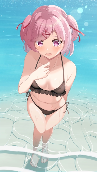 1girl bikini breasts chocolat_teddy commentary_request doki_doki_literature_club frilled_bikini frills from_above natsuki_(doki_doki_literature_club) pink_eyes pink_hair red_ribbon ribbon side-tie_bikini small_breasts soaking_feet solo standing swimsuit two_side_up water