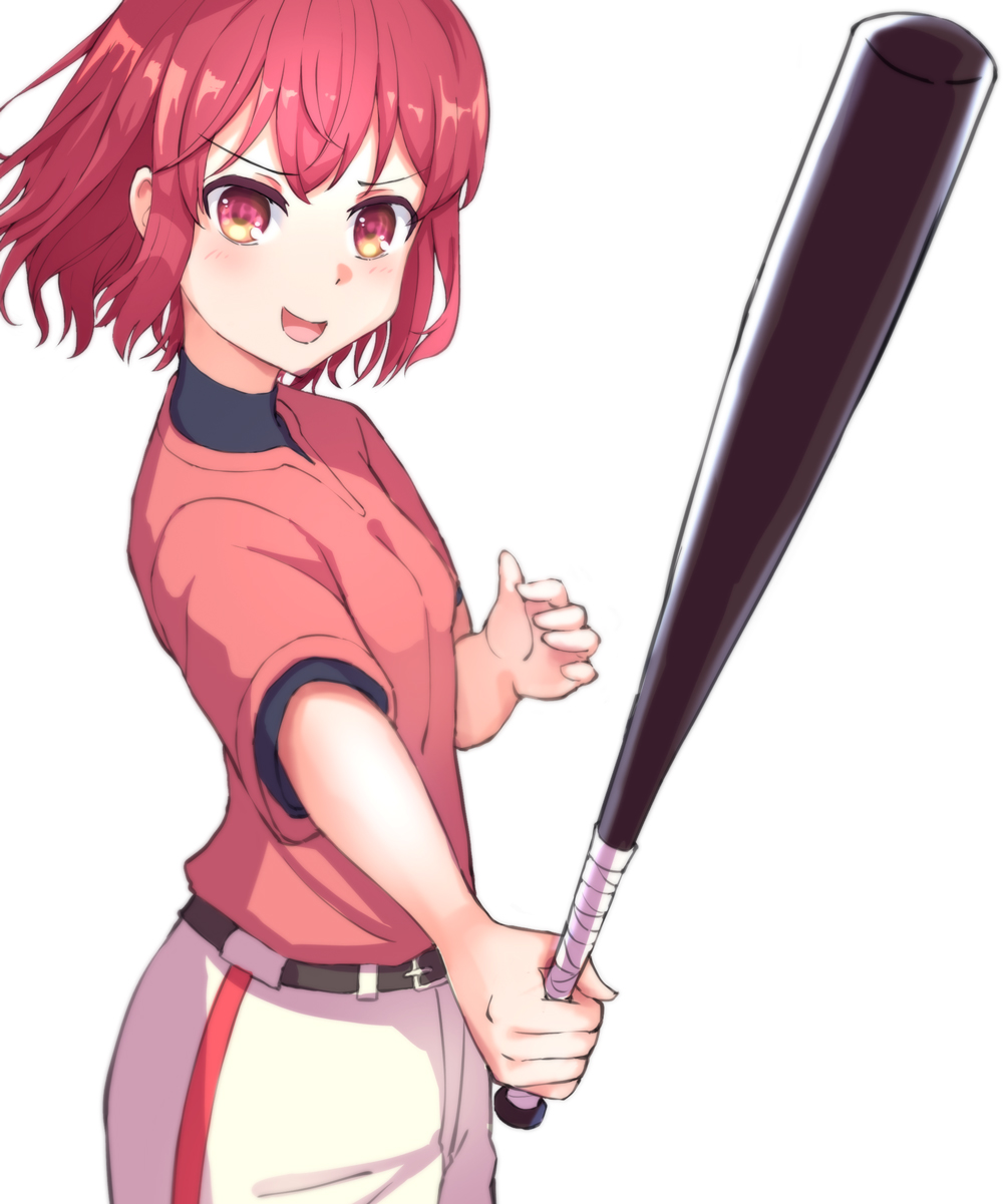 1girl bangs baseball_bat baseball_jersey baseball_uniform black_undershirt blush commentary_request cowboy_shot eyebrows_visible_through_hair highres holding holding_baseball_bat kushieda_minori looking_at_viewer matsuhisa_(ryo-tsuda1) open_mouth outstretched_arm pants red_eyes red_shirt redhead shirt short_hair short_sleeves simple_background smile solo sportswear standing toradora! white_background white_pants