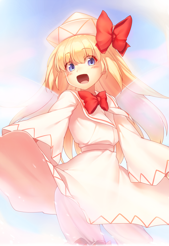 1girl bangs blonde_hair blue_eyes blue_sky blush bow dress eyebrows_visible_through_hair eyes_visible_through_hair fairy_wings hair_between_eyes hat hat_bow kaiza_(rider000) lily_white long_hair long_sleeves looking_at_viewer open_mouth pants red_bow red_neckwear sky smile solo standing touhou white_dress white_headwear white_pants white_sleeves wide_sleeves wings