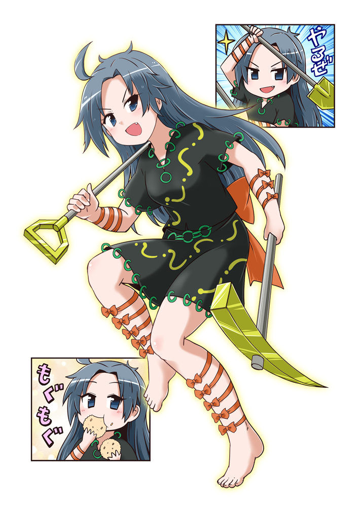 1girl barefoot food grey_eyes grey_hair himemushi_momoyo holding holding_pickaxe holding_shovel kousei_(public_planet) onigiri pickaxe shovel solo tools touhou wrist_bow