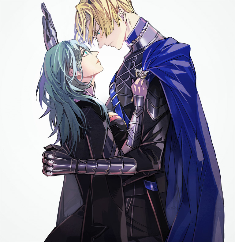 1boy 1girl amu_(nsk0) aqua_eyes armor black_shirt blonde_hair blue_cape blue_eyes blue_hair blush breastplate byleth_(fire_emblem) byleth_eisner_(female) cape closed_mouth couple cowboy_shot dimitri_alexandre_blaiddyd eye_contact fire_emblem fire_emblem:_three_houses gauntlets looking_at_another profile scabbard sheath shirt short_hair simple_background standing white_background