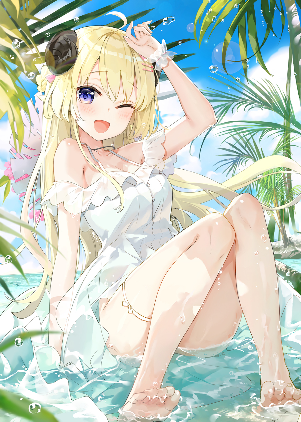1girl :d ;d ahoge alternate_costume arm_up bare_legs barefoot blonde_hair blush breasts clouds collarbone convenient_leg day dress eyebrows_visible_through_hair feet fuumi_(radial_engine) hair_ornament hairclip highres hololive horns knees_together_feet_apart large_breasts legs lens_flare long_hair looking_at_viewer official_art one_eye_closed open_mouth outdoors partially_submerged plant ribbon shading_eyes shallow_water sheep_girl sheep_horns sitting sky smile soles solo sundress thigh_ribbon toes tsunomaki_watame very_long_hair violet_eyes virtual_youtuber water water_drop wet white_dress wrist_cuffs