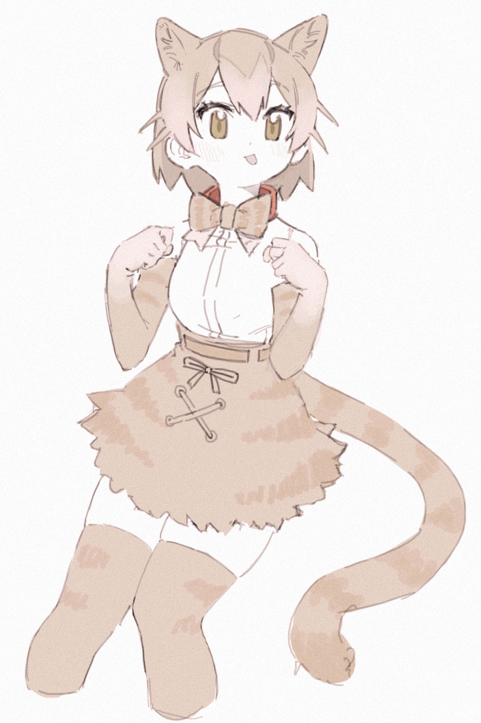 1girl :p animal_ear_fluff animal_ears bangs bow bowtie brown_eyes brown_theme cat_(kemono_friends) cat_ears cat_girl cat_tail collar cropped_legs elbow_gloves extra_ears gloves hair_between_eyes highres kemono_friends kona_ming light_brown_hair limited_palette looking_at_viewer paw_pose short_hair simple_background skirt solo tail thigh-highs tongue tongue_out white_background zettai_ryouiki