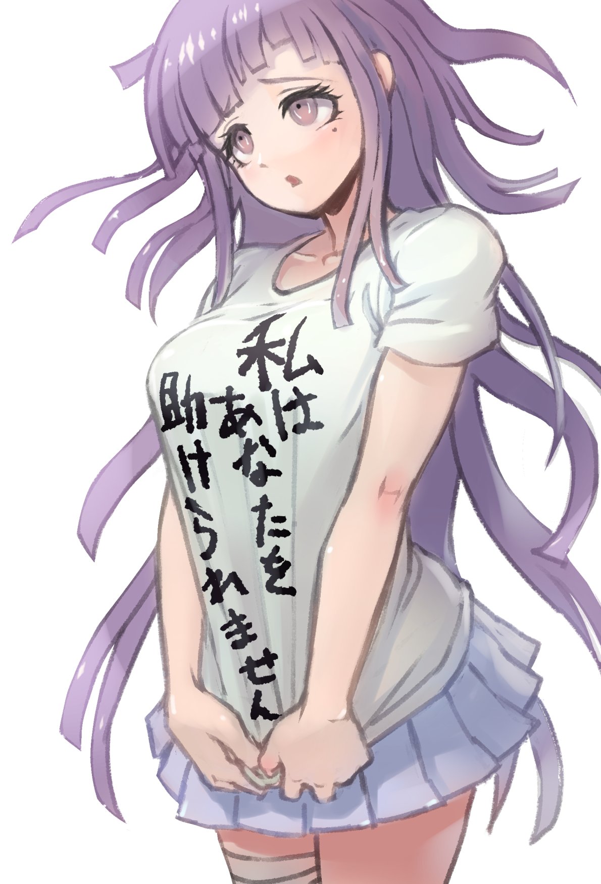 1girl alternate_costume bandages bangs blush breasts collarbone commentary_request cowboy_shot dangan_ronpa_(series) dangan_ronpa_2:_goodbye_despair highres large_breasts long_hair miniskirt mole mole_under_eye open_mouth pleated_skirt purple_hair shiny shiny_hair shirt shirt_tug short_sleeves skirt solo translation_request tsumiki_mikan white_shirt youko-shima