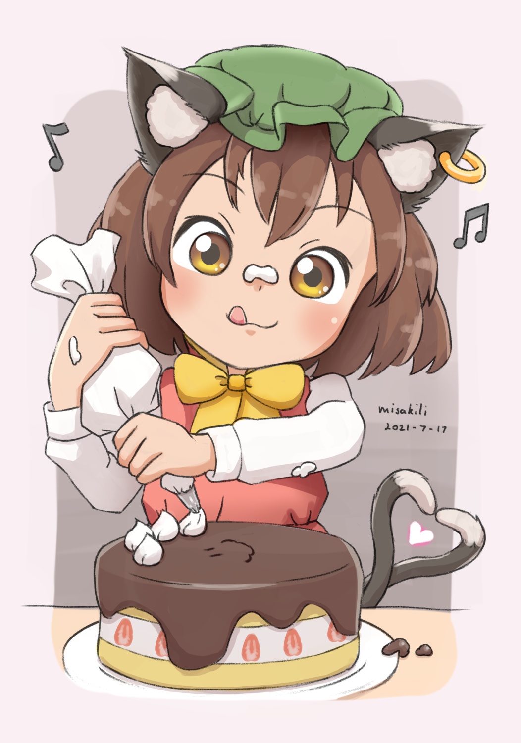1girl :3 :q animal_ear_fluff artist_name blush brown_hair cake chen dated earrings food green_headwear grey_background hat heart heart_tail highres holding jewelry looking_down misakili mob_cap musical_note red_skirt red_vest short_hair simple_background single_earring skirt solo tail tongue tongue_out touhou vest yellow_eyes