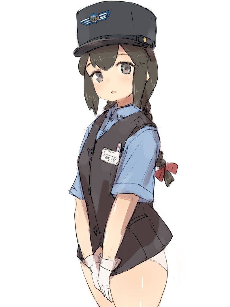 1girl alchera black_eyes black_hair black_headwear black_vest blue_shirt braid commentary_request covering covering_crotch cowboy_shot dress_shirt employee_uniform female_service_cap gloves hair_between_eyes isonami_(kancolle) kantai_collection looking_at_viewer name_tag no_pants official_alternate_costume panties shirt sidelocks simple_background solo twin_braids underwear uniform v_arms vest white_background white_gloves white_panties