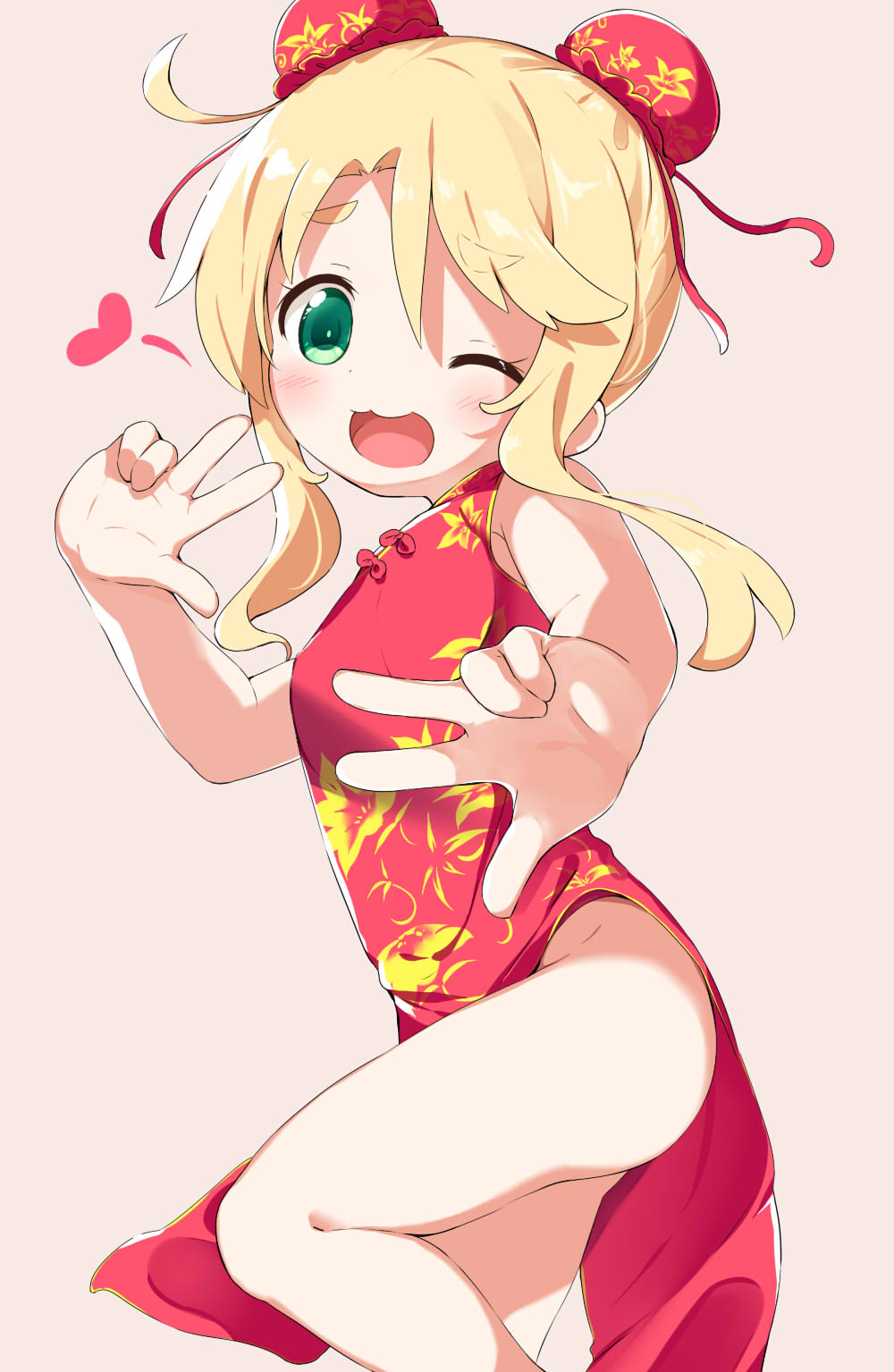 1girl ;d bangs bare_arms bare_legs bare_shoulders blonde_hair bun_cover china_dress chinese_clothes commentary_request double_bun double_w dress eyebrows_visible_through_hair green_eyes heart highres himesaka_noa looking_at_viewer makuran one_eye_closed open_mouth side_slit sidelocks simple_background sleeveless sleeveless_dress smile solo w watashi_ni_tenshi_ga_maiorita!