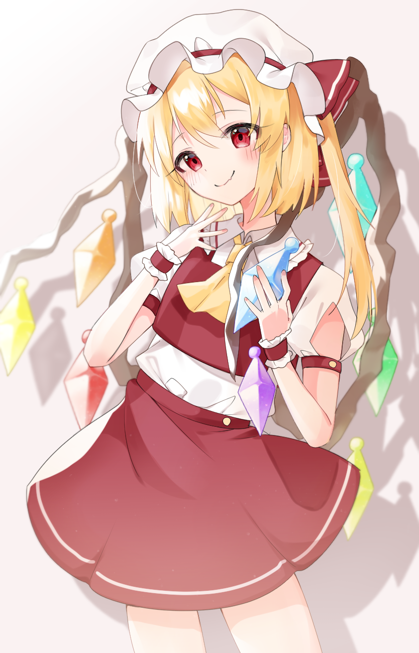 1girl ascot bangs blonde_hair blush bow closed_mouth clothing_cutout cowboy_shot crystal drop_shadow fang flandre_scarlet flat_chest frills hand_up hands_up hat hat_bow highres holding leaning_to_the_side looking_at_viewer mob_cap one_side_up red_bow red_eyes red_skirt red_vest shoulder_cutout skin_fang skirt smile solo suikario touhou vest white_headwear wings wrist_cuffs yellow_neckwear