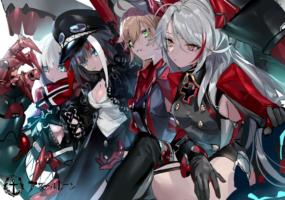 4girls admiral_graf_spee_(azur_lane) admiral_hipper_(azur_lane) ahoge azur_lane bangs black_gloves black_hair black_legwear blouse blue_eyes breasts brown_hair denim deutschland_(azur_lane) gloves green_eyes hair_between_eyes hat jeans long_hair military military_hat military_uniform multicolored_hair multiple_girls official_art pants prinz_eugen_(azur_lane) ran_(bukeranwu) short_hair silver_hair thigh-highs uniform white_hair yellow_eyes