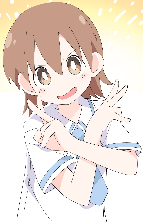 1girl aioi_yuuko bright_pupils brown_eyes brown_hair eyebrows_visible_through_hair ixy looking_at_viewer nichijou open_mouth school_uniform short_hair short_sleeves solo upper_body white_pupils