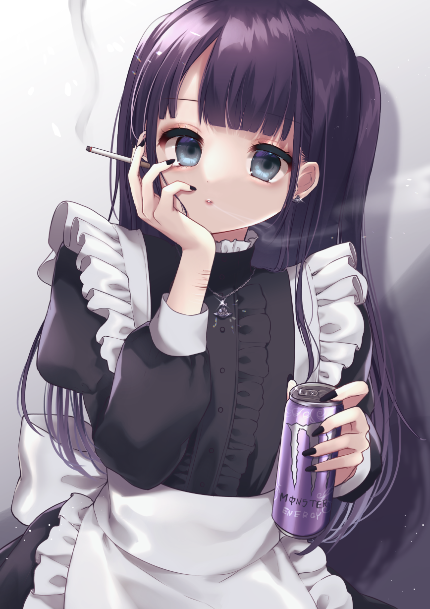 1girl apron bangs black_hair black_nails blue_eyes bow can chain cigarette commission earrings energy_drink eyeliner fingernails frilled_apron frills gradient gradient_background grey_background hand_on_own_cheek hand_on_own_face highres holding holding_can holding_cigarette jewelry juliet_sleeves large_bow long_fingernails long_hair long_sleeves looking_at_viewer maid maid_apron makeup monster_energy nail_polish original pendant puffy_sleeves scar scar_on_arm shadow shanghai_bisu sidelocks skeb_commission smoke smoking soda_can solo standing symbol_commentary two_side_up upper_body wrist_cutting