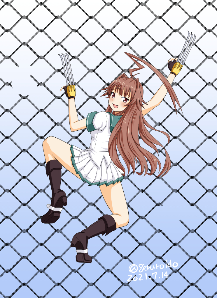 1girl ahoge black_footwear black_gloves boots brown_eyes brown_hair chain-link_fence claw_(weapon) climbing commentary_request dated fence from_behind geru gloves green_sailor_collar huge_ahoge kantai_collection kuma_(kancolle) long_hair looking_at_viewer one-hour_drawing_challenge pleated_skirt remodel_(kantai_collection) sailor_collar sailor_shirt school_uniform serafuku shirt short_sleeves skirt solo twitter_username weapon white_shirt white_skirt