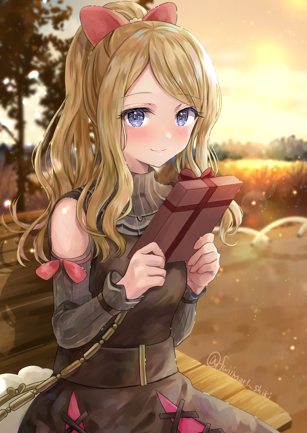 1girl bag bare_shoulders blonde_hair blurry blurry_background blush box brown_dress closed_mouth clothing_cutout commentary_request dress eyelashes fujimori_shiki gift gift_box hands_up highres holding holding_gift long_hair looking_at_viewer official_alternate_costume outdoors pokemon pokemon_(game) pokemon_masters_ex ponytail ribbon serena_(pokemon) shoulder_bag shoulder_cutout sidelocks sky smile solo tree valentine