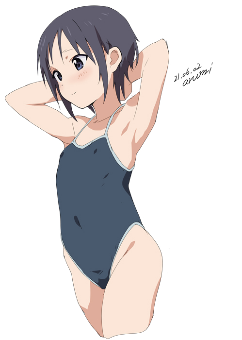 1girl arms_behind_head artist_name baba_arumi bangs black_hair black_swimsuit blush closed_mouth commentary competition_school_swimsuit cropped_legs dated hands_up highleg highleg_swimsuit kurosaki_honoka school_swimsuit short_hair simple_background solo standing swimsuit white_background yama_no_susume