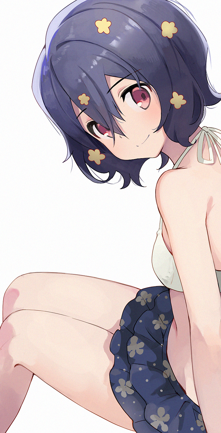 1girl arm_support bikini black_hair breasts closed_mouth commentary_request eyebrows_visible_through_hair frilled_bikini frills from_side hair_ornament head_tilt highres hiroki_(yyqw7151) invisible_floor legs_together looking_to_the_side mismatched_bikini mizuno_ai red_eyes short_hair simple_background sitting small_breasts smile swimsuit white_background white_bikini zombie zombie_land_saga