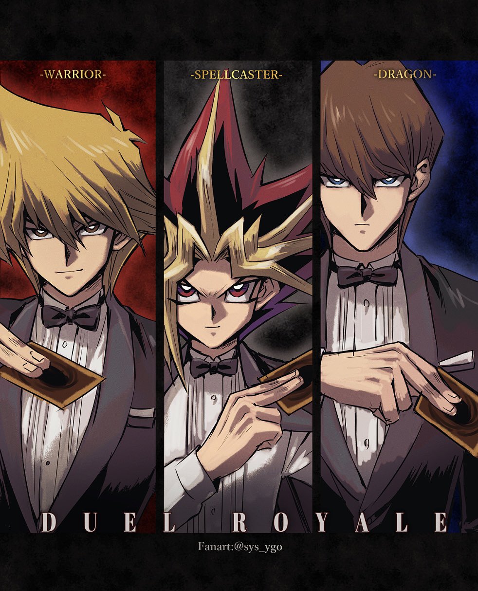3boys alternate_costume bangs black_hair blonde_hair blue_eyes bow bowtie bright_pupils brown_eyes brown_hair buttons card commentary_request hair_between_eyes hand_up highres holding holding_card jacket jacket_on_shoulders jounouchi_katsuya kaiba_seto long_sleeves looking_at_viewer multicolored_hair multiple_boys redhead shirt soya_(sys_ygo) spiky_hair twitter_username white_pupils white_shirt yami_yuugi yu-gi-oh! yu-gi-oh!_duel_monsters