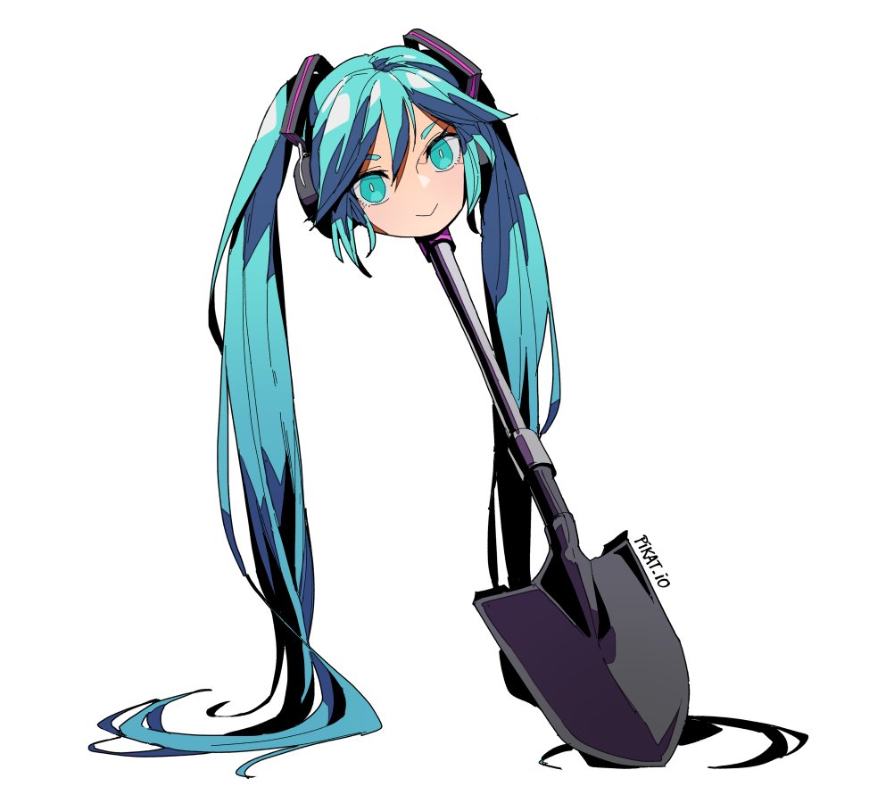 1girl :&gt; aqua_eyes aqua_hair artist_name closed_mouth commentary english_commentary full_body hair_between_eyes hatsune_miku long_hair looking_at_viewer objectification pikat shovel simple_background smile solo twintails v-shaped_eyebrows very_long_hair vocaloid white_background white_legwear