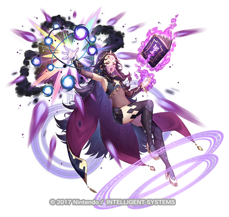 1girl armpits atom black_cape black_hair bracelet bridal_gauntlets cape circlet commentary_request company_name covered_navel energy_ball facial_mark fire_emblem fire_emblem_fates fire_emblem_heroes flat_chest floating floating_book floating_object forehead forehead_mark gold_trim groin jewelry kousei_horiguchi long_hair magic magic_circle nyx_(fire_emblem) official_art open_mouth red_cape red_eyes solo thigh-highs thighs veil very_long_hair watermark zettai_ryouiki