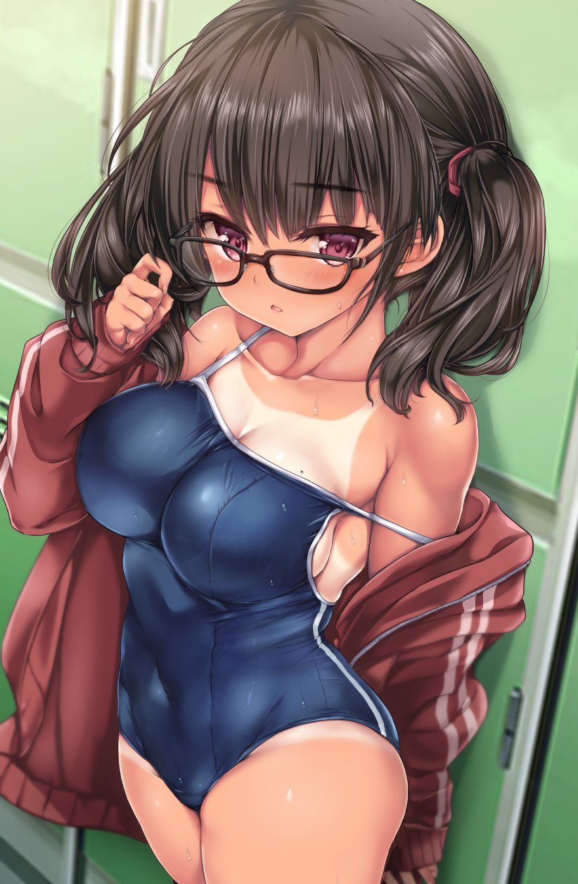 1girl black-framed_eyewear black_hair blue_swimsuit breasts commentary_request competition_school_swimsuit cowboy_shot glasses highres jacket large_breasts locker long_hair nijimoto_hirok open_clothes open_jacket original red_eyes red_jacket school_swimsuit solo standing swimsuit tan tanlines track_jacket