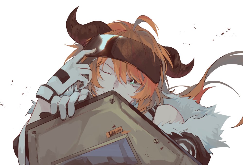 1girl adjusting_clothes adjusting_headwear ahoge aqua_eyes arknights black_jacket chinese_commentary closed_mouth cow_horns croissant_(arknights) erhuo fur-trimmed_jacket fur_trim gloves hair_between_eyes holding holding_shield horns jacket long_hair looking_at_viewer one_eye_closed orange_hair ponytail shield simple_background smile solo upper_body visor white_background white_gloves