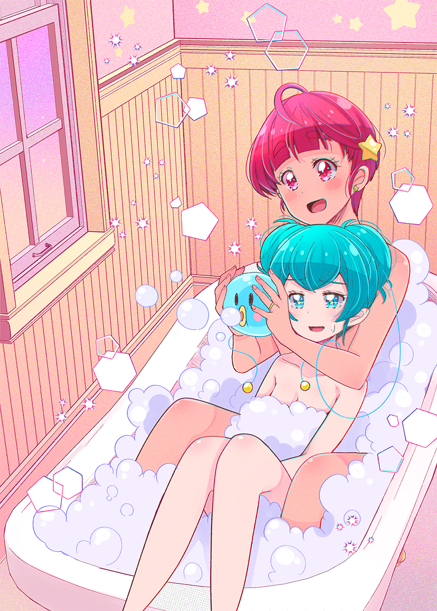 2girls ahoge aqua_eyes aqua_hair bath bathing bathroom bathtub bubble_bath claw_foot_bathtub couple hagoromo_lala hair_ornament highres hoshina_hikaru indoors jewelry juugoya_neko multiple_girls nude partially_submerged precure red_eyes redhead ring shared_bathing short_hair soap_bubbles star_(symbol) star_hair_ornament star_in_eye star_twinkle_precure symbol_in_eye thick_eyebrows wedding_band wife_and_wife yuri