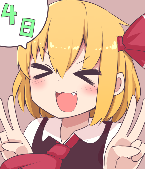 &gt;_&lt; 1girl bangs black_dress blonde_hair blush brown_background collar double_v dress eyebrows_visible_through_hair hair_between_eyes hair_ribbon hands_up happy number open_mouth red_neckwear red_ribbon ribbon rumia saisoku_no_yukkuri short_hair short_sleeves simple_background smile solo tongue touhou v white_collar white_sleeves