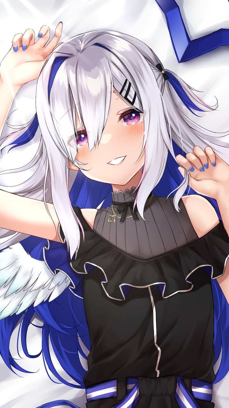 1girl amane_kanata arm_up bangs bed_sheet black_dress black_neckwear black_ribbon blue_hair blue_nails blush colored_inner_hair dress feathered_wings hair_between_eyes hair_ornament hairclip halo_removed heart heart_in_eye highres hololive jewelry lying merxkialis multicolored_hair nail_polish neck_ribbon necklace on_back on_bed parted_lips pink_eyes ribbon silver_hair single_hair_intake single_wing smile solo symbol_in_eye two-tone_hair two_side_up upper_body virtual_youtuber white_wings wings