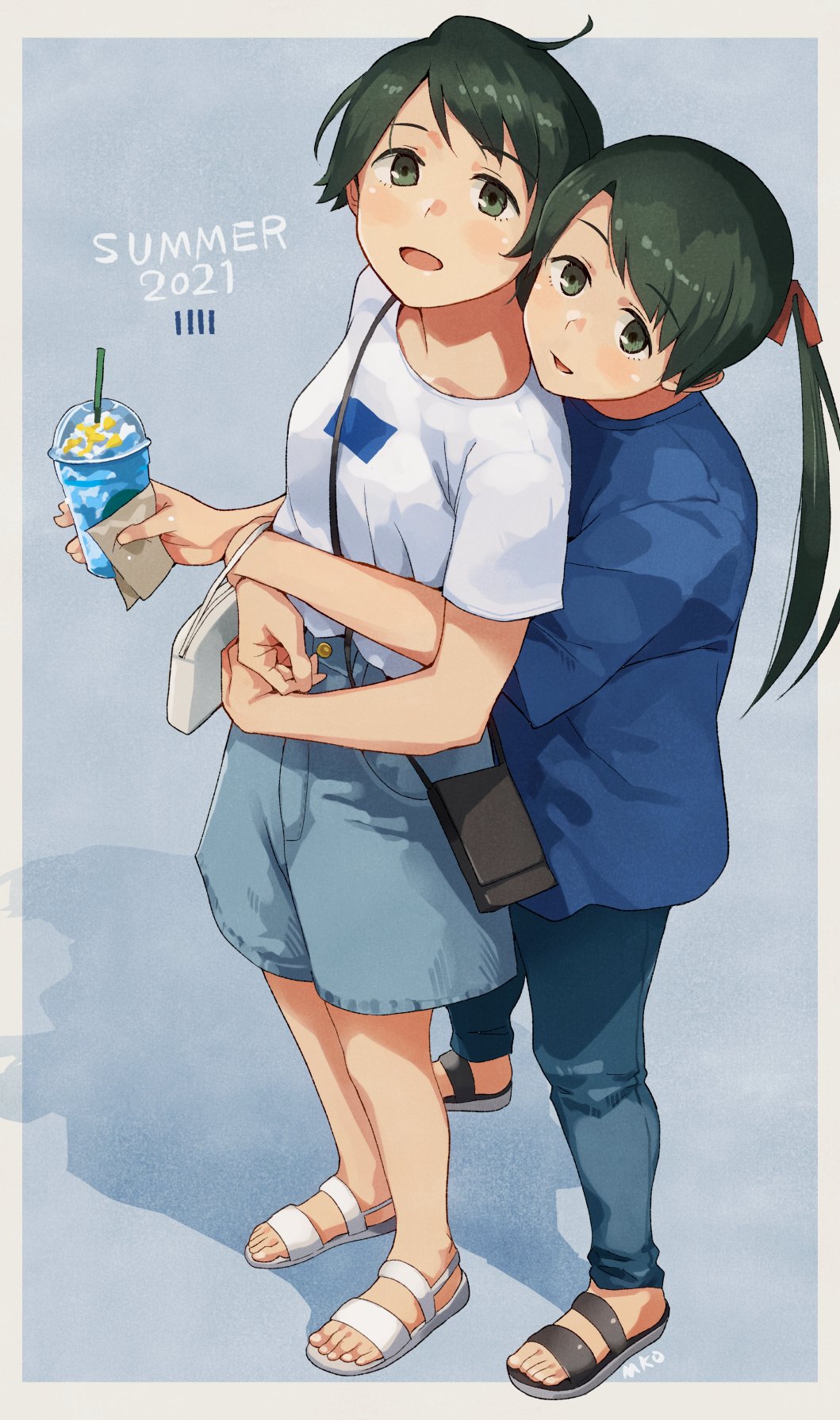 2021 2girls bag bangs banned_artist black_footwear black_hair blue_shirt blush breasts cup denim denim_shorts disposable_cup eyebrows_visible_through_hair hair_ribbon handbag highres holding holding_cup hug hug_from_behind kantai_collection long_hair looking_at_viewer makio_(makiomeigenbot) mikuma_(kancolle) mogami_(kancolle) multiple_girls official_alternate_costume open_mouth pants ribbon sandals shirt short_hair short_sleeves shorts signature simple_background small_breasts standing t-shirt twintails white_footwear white_shirt