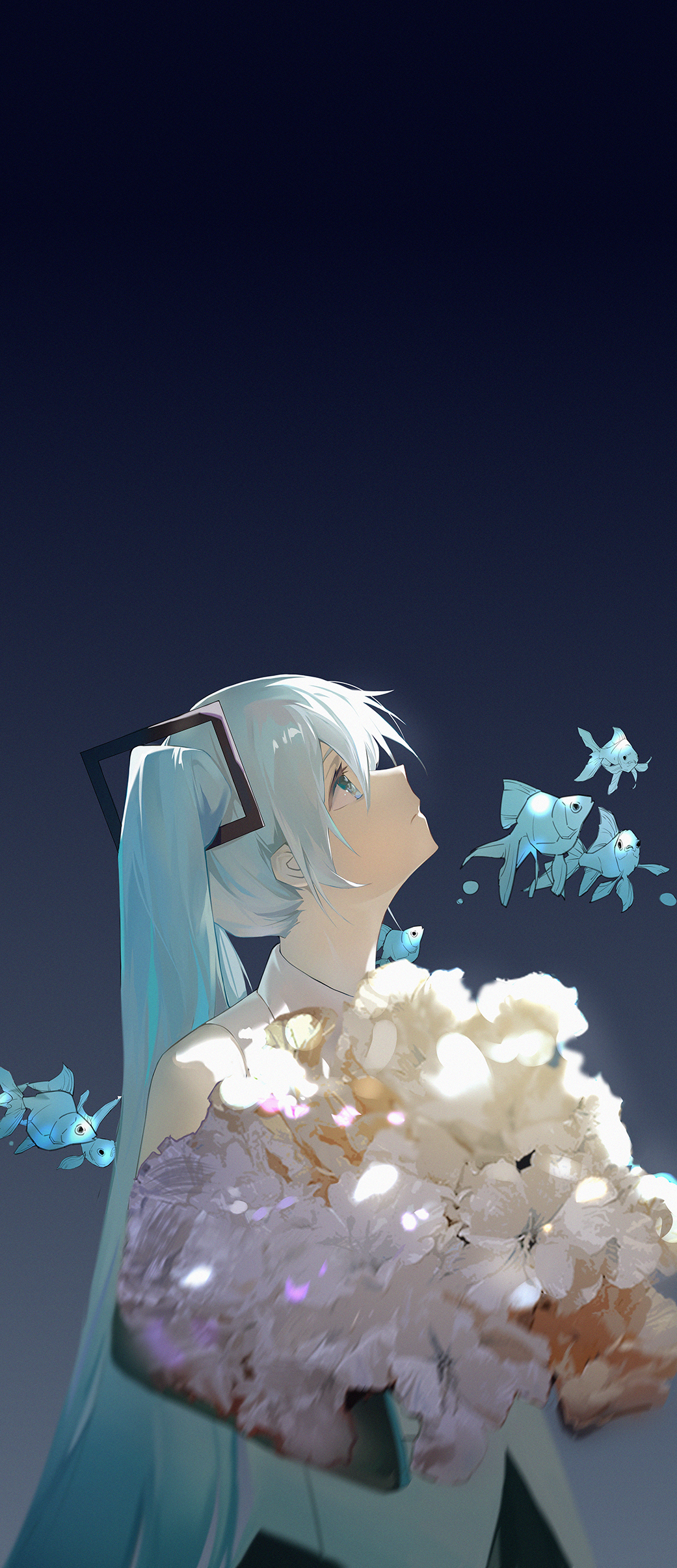 1girl absurdres bare_shoulders blue_background blue_eyes blue_hair bouquet closed_mouth dappled_sunlight dark_background detached_sleeves expressionless eyelashes fish flower flying_fish gradient gradient_background grey_background hatsune_miku head_back highres holding holding_bouquet light long_hair looking_up motion_blur pink_flower profile simple_background solo straight_hair sunlight twintails very_long_hair vocaloid water_drop yellow_flower zzz_zhi_he