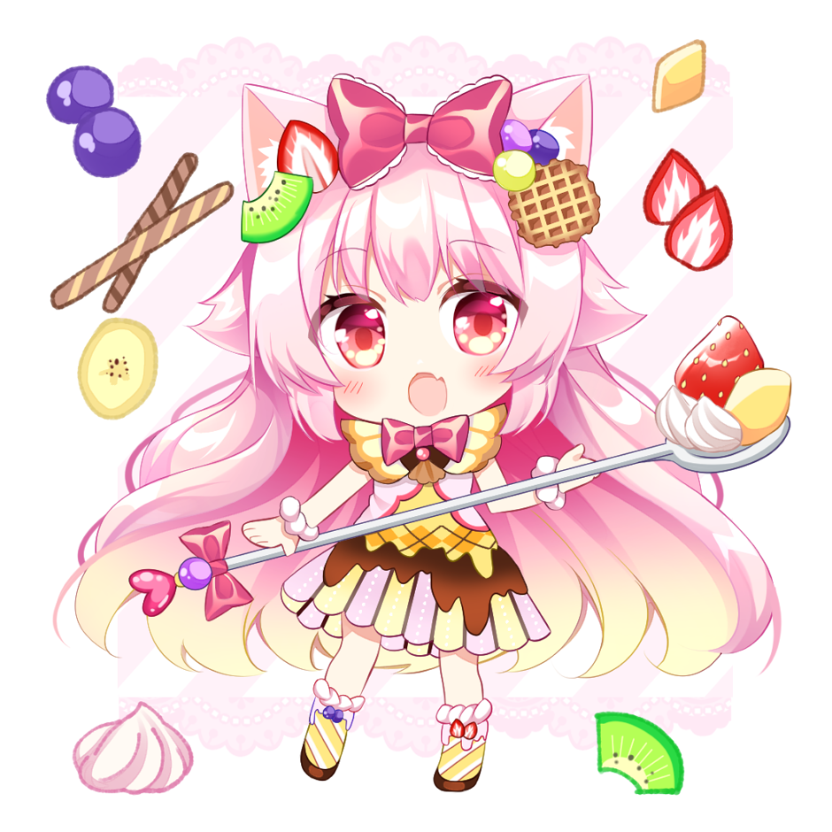 1girl animal_ear_fluff animal_ears bangs blush boots bow cat_ears chibi commentary_request dress eyebrows_visible_through_hair fang food food-themed_clothes food-themed_hair_ornament fruit full_body gradient_hair hair_bow hair_ornament holding holding_spoon light_brown_hair long_hair looking_at_viewer multicolored_hair open_mouth original oversized_object pink_hair red_bow red_eyes shikito solo spoon standing strawberry strawberry_hair_ornament very_long_hair