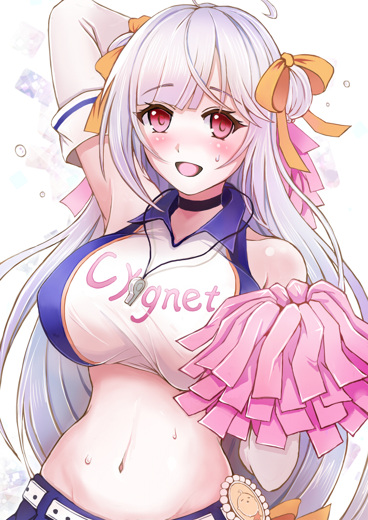 1girl armpits azur_lane belt black_choker braid braided_bun breasts character_name cheerleader choker cygnet_(azur_lane) cygnet_(royal_fanfare)_(azur_lane) elbow_gloves gloves hair_ribbon holding holding_pom_poms large_breasts long_hair looking_at_viewer midriff navel official_alternate_costume open_mouth pink_pom_poms pom_pom_(cheerleading) purple_shirt purple_skirt red_eyes ribbon sai-go shirt simple_background skirt sleeveless sleeveless_shirt solo two-tone_shirt upper_body very_long_hair whistle whistle_around_neck white_background white_belt white_gloves white_hair white_shirt yellow_ribbon