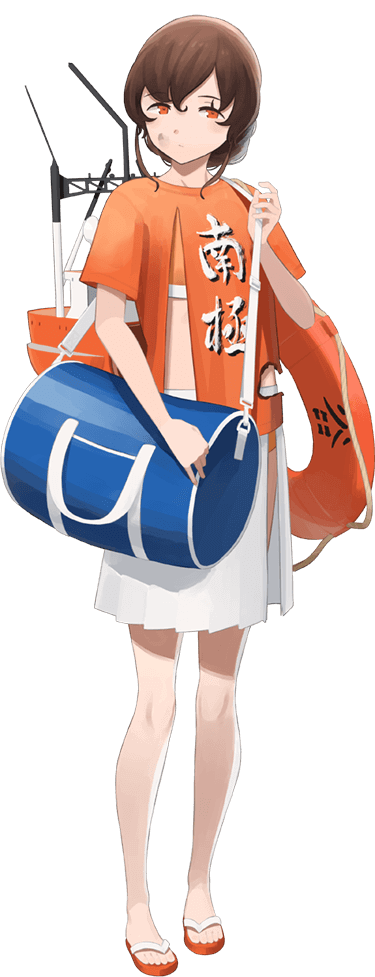 1girl bag bikini bikini_under_clothes blue_shirt braid brown_hair clothes_writing duffel_bag full_body kantai_collection lifebuoy long_hair machinery official_art orange_bikini orange_eyes pleated_skirt sandals shibafu_(glock23) shirt shoulder_bag single_braid skirt souya_(kancolle) swimsuit swimsuit_under_clothes t-shirt torn_clothes translation_request transparent_background white_skirt