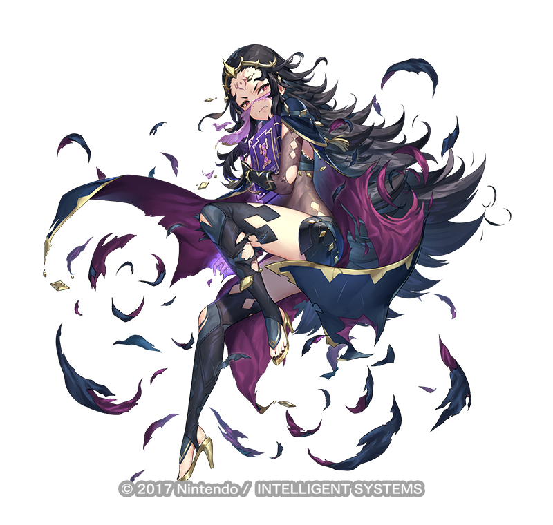 1girl black_cape black_hair book bracelet bridal_gauntlets cape circlet commentary_request company_name facial_mark fire_emblem fire_emblem_fates fire_emblem_heroes flat_chest forehead forehead_mark glaring gold_trim high_heels holding holding_book jewelry kousei_horiguchi long_hair nyx_(fire_emblem) official_art red_cape red_eyes solo thigh-highs thighs torn_cape torn_clothes veil very_long_hair watermark zettai_ryouiki