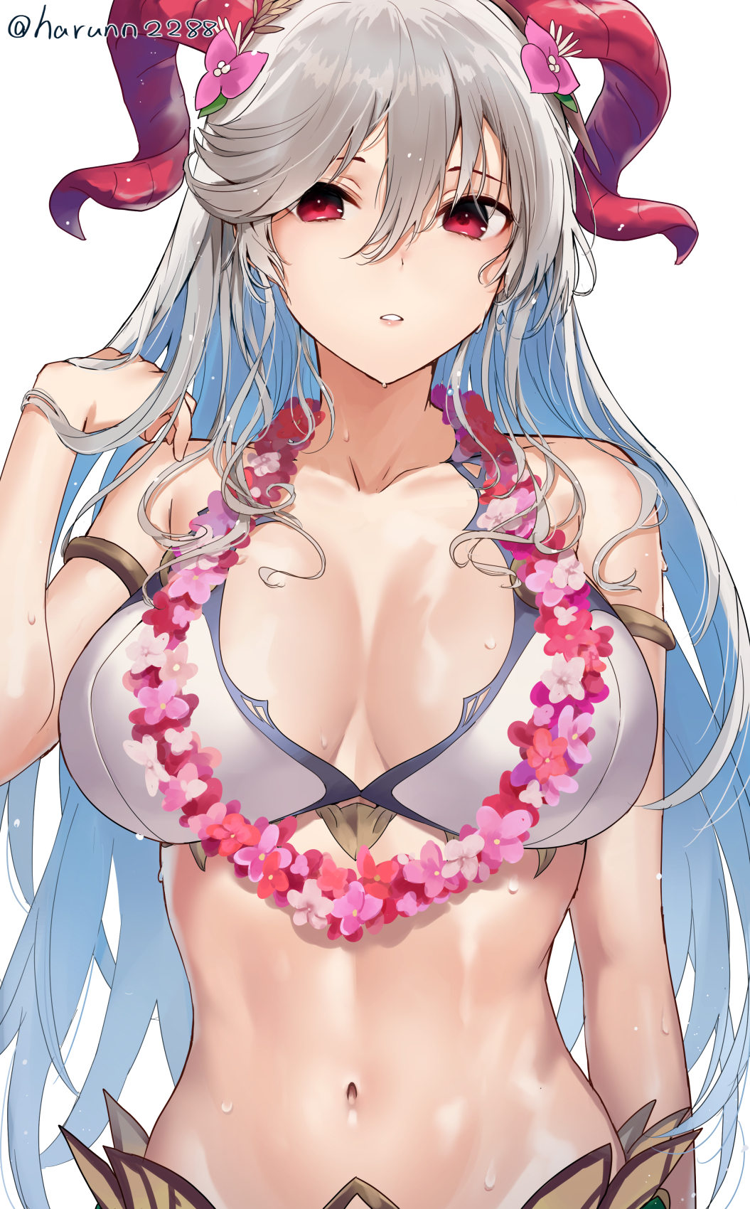 1girl bare_shoulders bikini blue_hair breasts curled_horns fire_emblem fire_emblem_heroes flower flower_necklace freyja_(fire_emblem) goat_horns grey_hair hair_between_eyes haru_(nakajou-28) highres horns jewelry large_breasts long_hair looking_at_viewer multicolored_hair navel necklace official_alternate_costume red_eyes red_horns simple_background solo stomach swimsuit twitter_username two-tone_hair upper_body very_long_hair wet white_background white_bikini