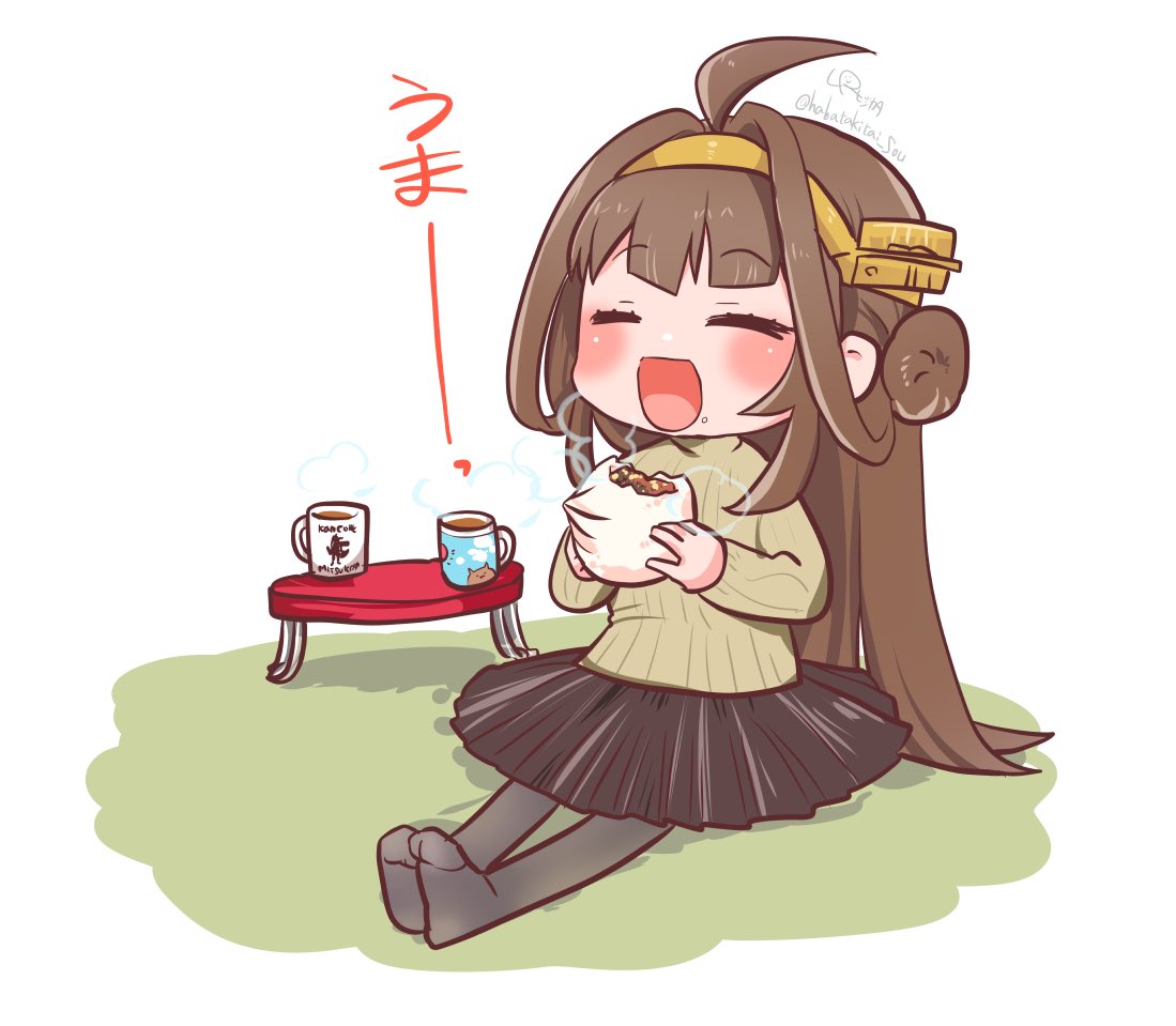 1girl ahoge alternate_costume baozi beige_sweater black_legwear black_skirt blush brown_hair chibi closed_eyes commentary cup double_bun dress eating food food_on_face hairband kantai_collection kongou_(kancolle) long_hair lr_hijikata mug pantyhose pleated_dress ribbed_sweater simple_background skirt smile solo sweater table translated white_background