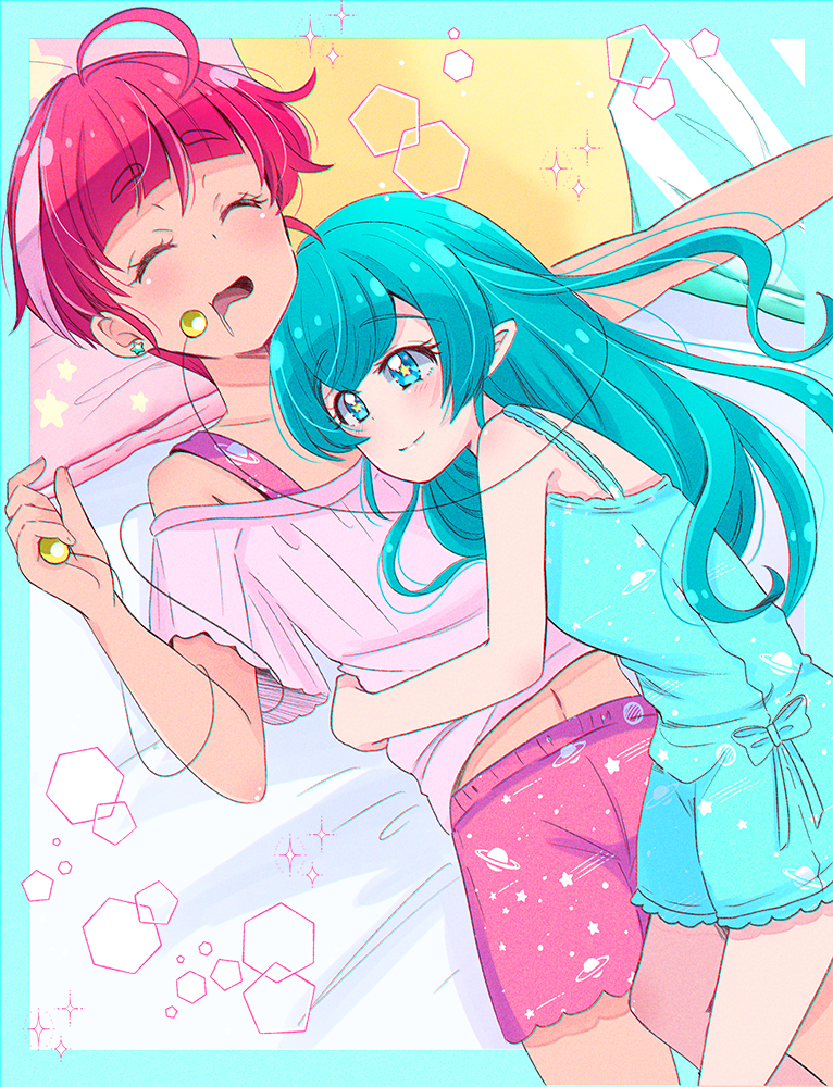 2girls ahoge aqua_eyes aqua_hair bangs blunt_bangs closed_eyes cuddling earrings hagoromo_lala hoshina_hikaru hug jewelry juugoya_neko lying midriff mouth_drool multiple_girls on_back on_bed pajamas pink_shorts pointy_ears precure redhead ring short_hair shorts star-shaped_pupils star_(symbol) star_twinkle_precure symbol-shaped_pupils thick_eyebrows yuri