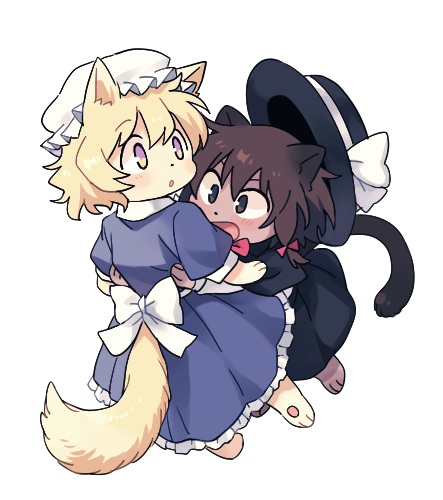 2girls :d :o animal_ear_fluff animal_ears animal_nose back_bow bangs black_capelet black_eyes black_headwear blonde_hair bow brown_eyes brown_hair capelet cat_ears cat_girl cat_tail chibi collared_dress dress eyebrows_visible_through_hair floating frilled_hat frills from_behind from_side full_body furrification furry hair_between_eyes hair_bow hair_ribbon hat hat_bow hat_ribbon hug light_blush long_dress long_sleeves looking_at_another looking_to_the_side lowres maribel_hearn mob_cap multicolored multicolored_eyes multiple_girls open_mouth parted_lips paws petticoat puffy_short_sleeves puffy_sleeves purple_dress re_ghotion red_bow red_neckwear ribbon sash short_hair short_sleeves simple_background smile tail tareme touhou tress_ribbon usami_renko v-shaped_eyebrows violet_eyes wavy_hair white_background white_bow white_headwear white_ribbon yellow_eyes