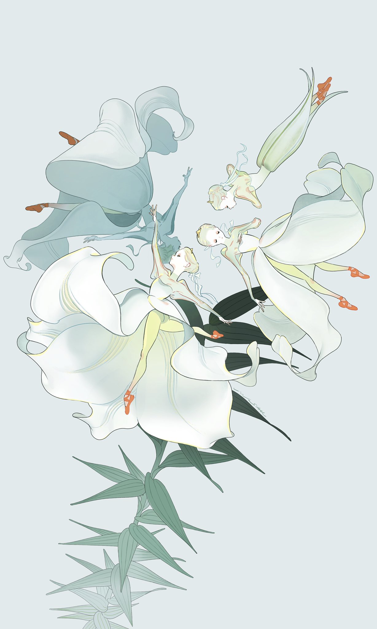 4girls closed_eyes dress flower green_legwear grey_background highres lily_(flower) long_sleeves mu_mashu multiple_girls orange_footwear original pantyhose personification plant profile shoes simple_background white_dress wide_shot