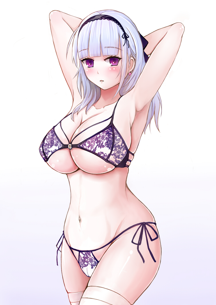 1girl armpits arms_behind_head azur_lane black_hairband bra breasts dido_(azur_lane) eyebrows_visible_through_hair floral_print hairband huge_breasts light_purple_hair lingerie long_hair looking_at_viewer panties purple_bra purple_panties sai-go side-tie_panties simple_background solo thigh-highs underwear violet_eyes white_legwear