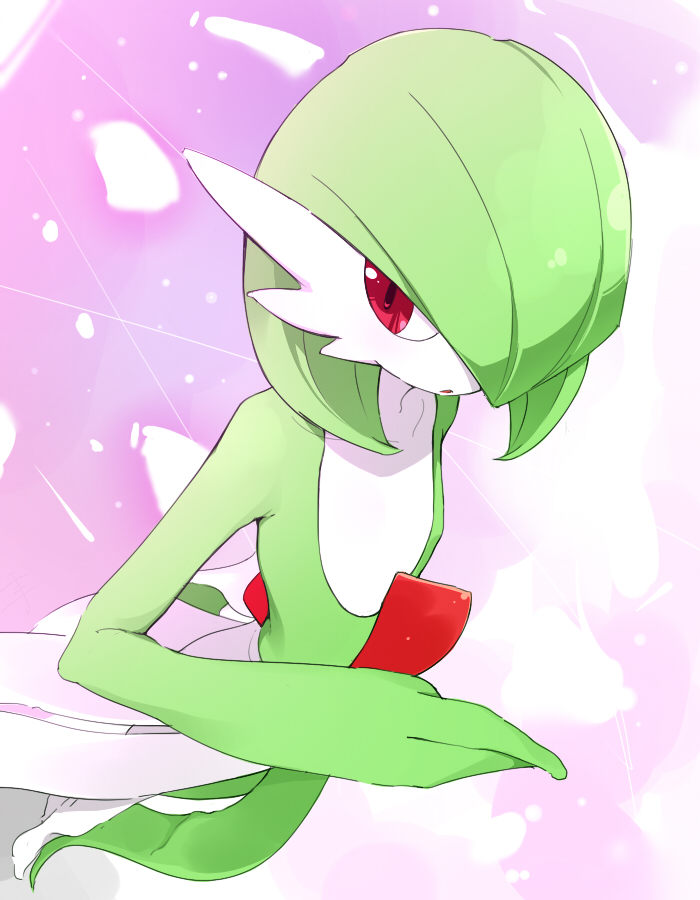 1girl bangs bob_cut collarbone colored_skin commentary_request dutch_angle flat_chest from_above full_body gardevoir gen_3_pokemon green_hair green_skin hair_over_one_eye hand_up looking_to_the_side multicolored multicolored_skin open_mouth partial_commentary pink_background pokemon pokemon_(creature) red_eyes senju_(snz0) short_hair solo standing two-tone_skin white_skin