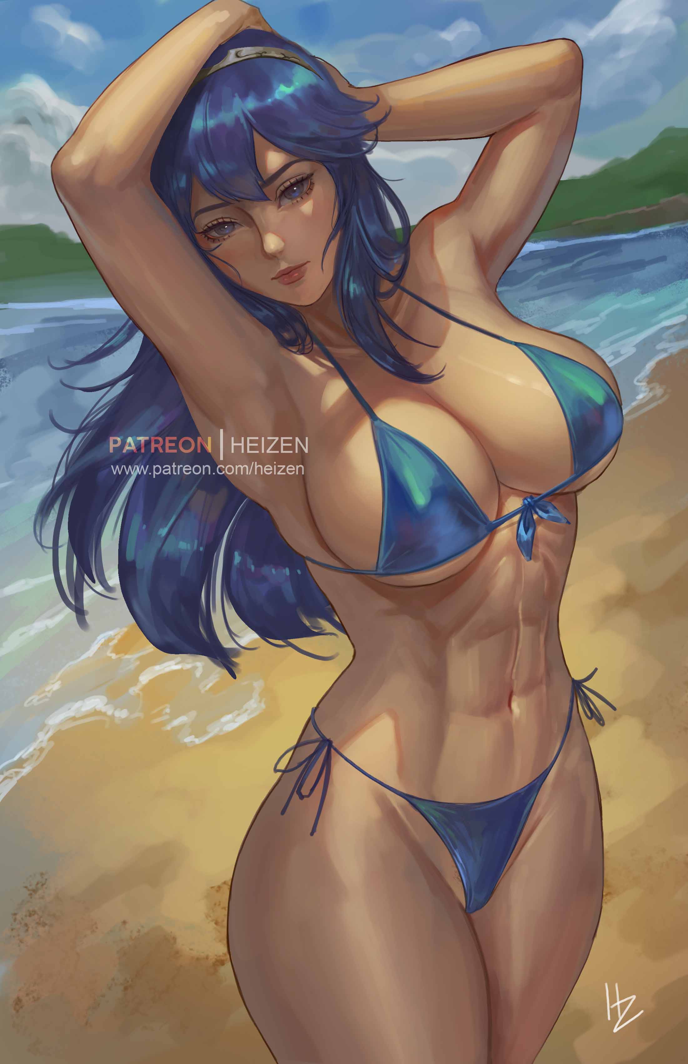 1girl abs absurdres alternate_breast_size alternate_costume armpits beach bikini blue_bikini blue_eyes blue_hair blue_swimsuit breasts fire_emblem fire_emblem_awakening heizen highres large_breasts lips long_hair lucina_(fire_emblem) ocean sideboob solo swimsuit tiara toned under_boob