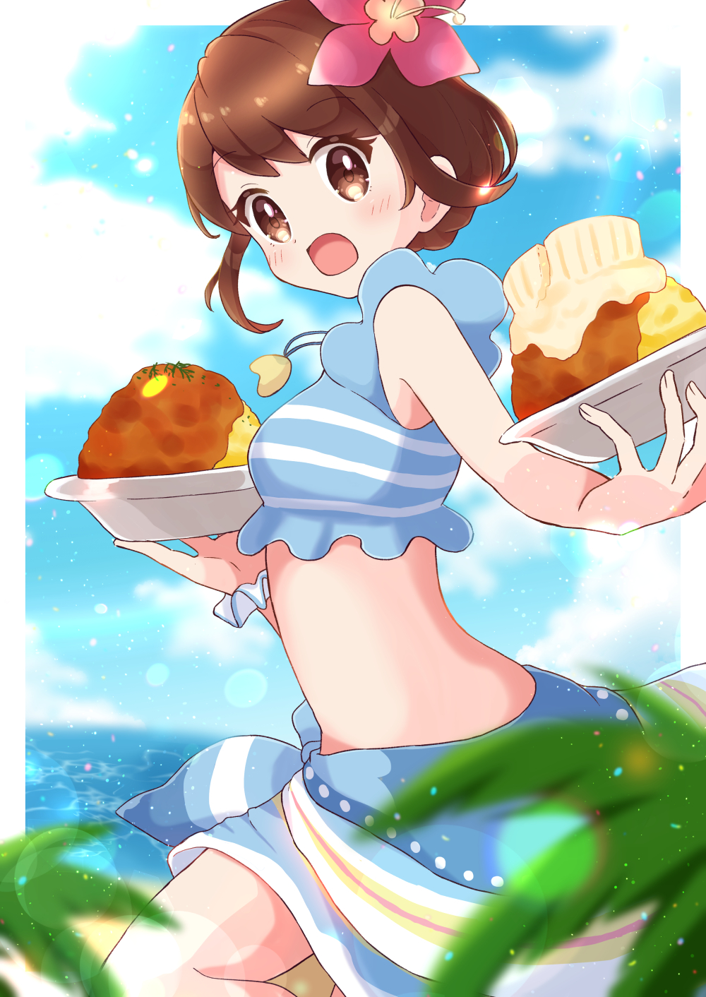 1girl bangs blue_sarong blue_shirt blurry blush bob_cut bowl breasts brown_eyes brown_hair clouds commentary_request curry day eyebrows_visible_through_hair eyelashes flower food from_side gloria_(pokemon) hair_flower hair_ornament haru_(haruxxe) highres holding holding_bowl jewelry leg_up looking_to_the_side necklace official_alternate_costume open_mouth outdoors pokemon pokemon_(game) pokemon_masters_ex sand sarong scrunchie shirt shore short_hair sky sleeveless sleeveless_shirt solo tongue water wrist_scrunchie