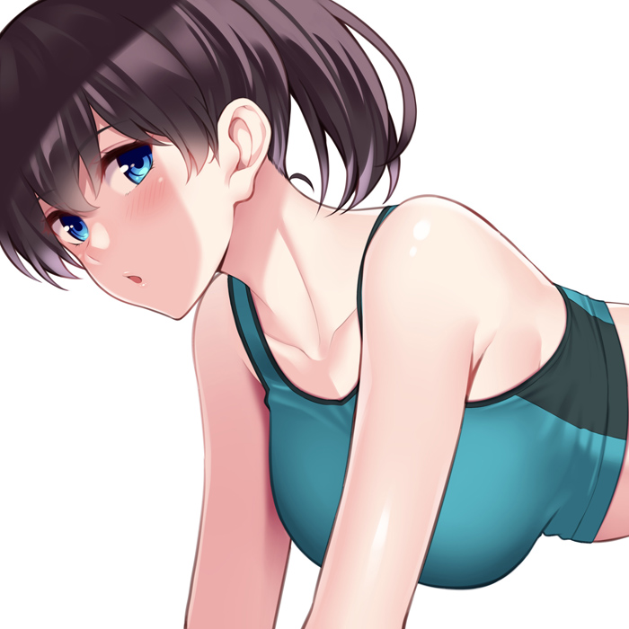 :o armpit_crease bare_shoulders bent_over blue_eyes blush breasts brown_hair collarbone eyebrows_visible_through_hair from_side hair_between_eyes hanging_breasts huyumitsu large_breasts looking_at_viewer nape open_mouth original ponytail profile puckered_lips sideboob sideways_glance simple_background sports_bikini sportswear track_and_field upper_body white_background