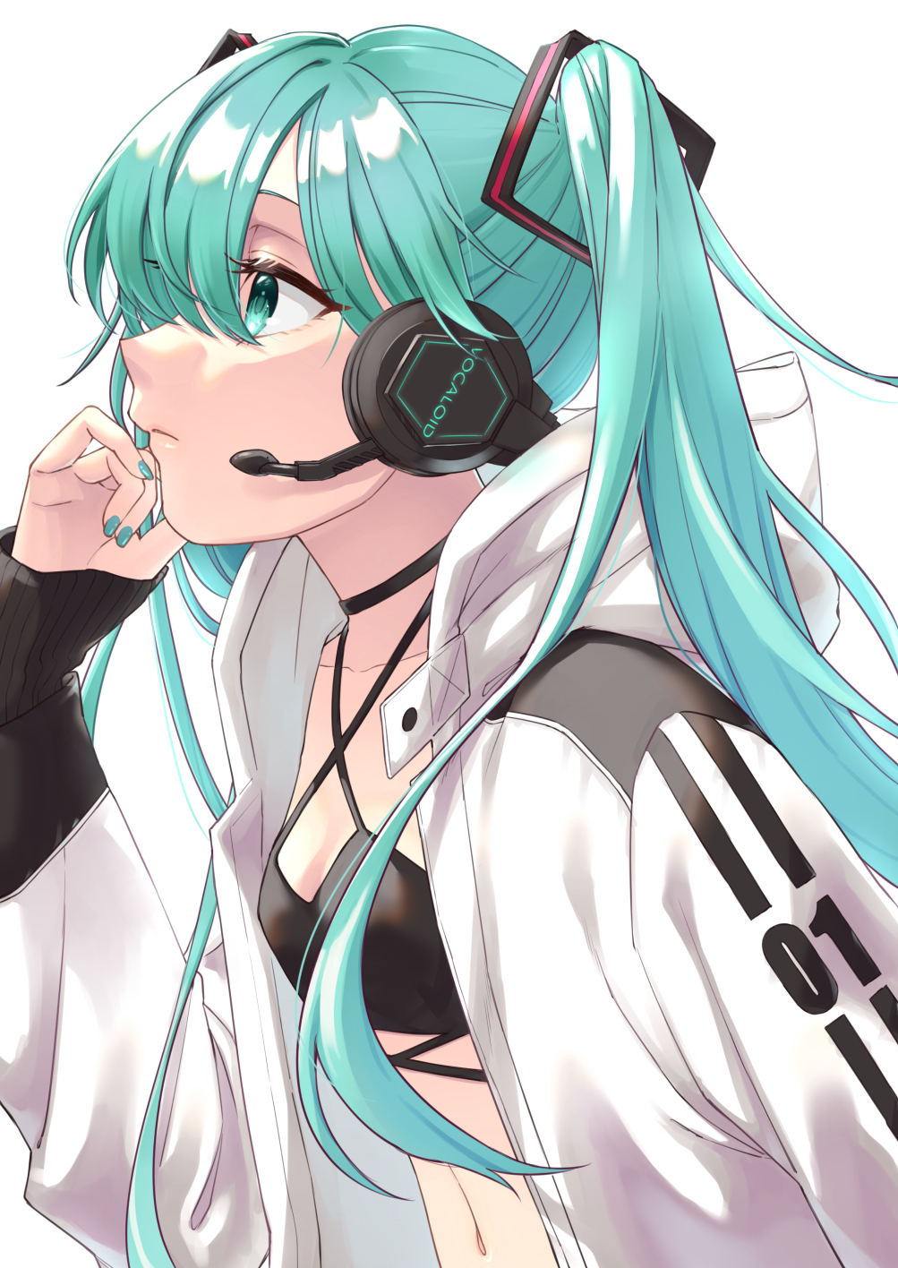 1girl alternate_costume aqua_eyes aqua_hair aqua_nails arm_at_side breasts close-up collarbone copyright_name crop_top double_vertical_stripe expressionless eyelashes fingernails from_side glowing hair_between_eyes halter_top halterneck hand_up hatsune_miku headphones highres hood hood_down hooded_jacket jacket long_hair looking_afar midriff mitora_nao navel number number_print open_clothes open_jacket parted_lips profile shiny shiny_hair simple_background sleeves_past_wrists small_breasts solo straight_hair twintails upper_body very_long_hair vocaloid white_background white_jacket