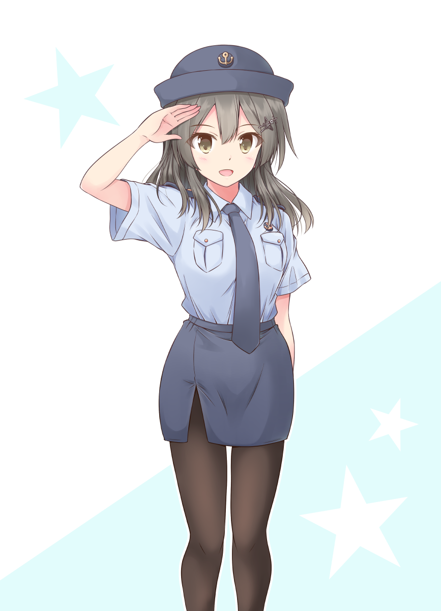 1girl alternate_costume black_hair black_legwear black_neckwear blue_shirt blue_skirt breast_pocket collared_shirt female_service_cap grey_eyes hair_ornament hairclip highres icesherbet kantai_collection necktie oyashio_(kancolle) pantyhose pencil_skirt pocket police police_uniform policewoman salute shirt short_sleeves skirt solo standing uniform